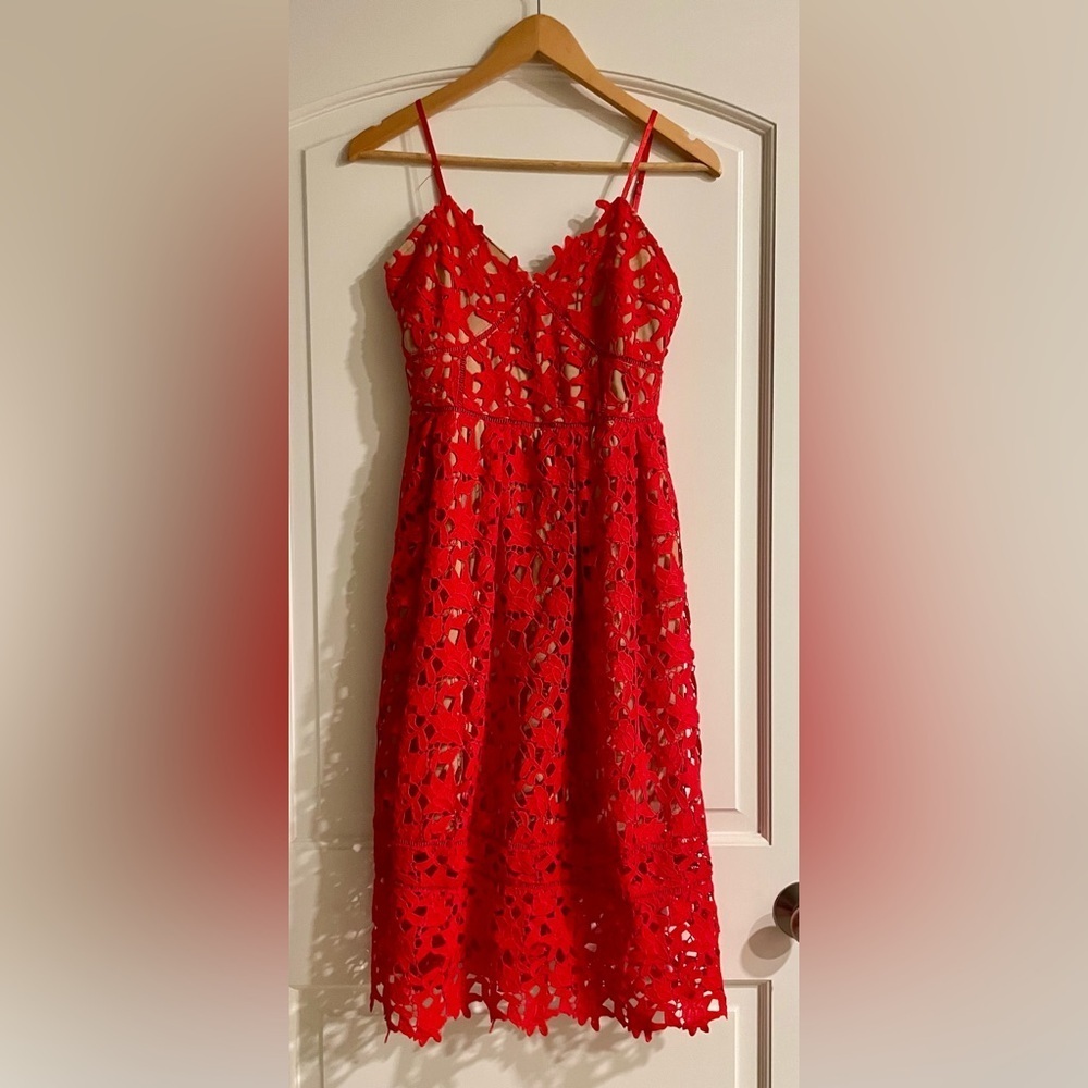 Red Lace Floral Mesh A-Line Cocktail Midi Sleeveless Coquette Dress Size S